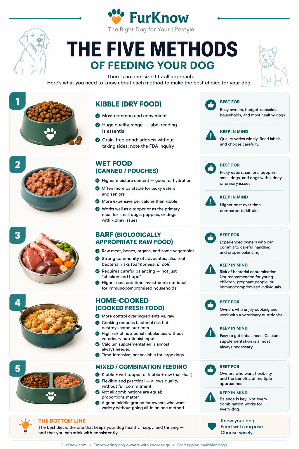 Complete Dog Nutrition — The Five Feeding Methods compared: kibble, raw, wet, home-cooked, mixed