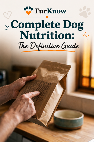 Complete Dog Nutrition: The Definitive Guide — cover. Hands reading the ingredient label on a bag of dog food beside a feeding bowl.