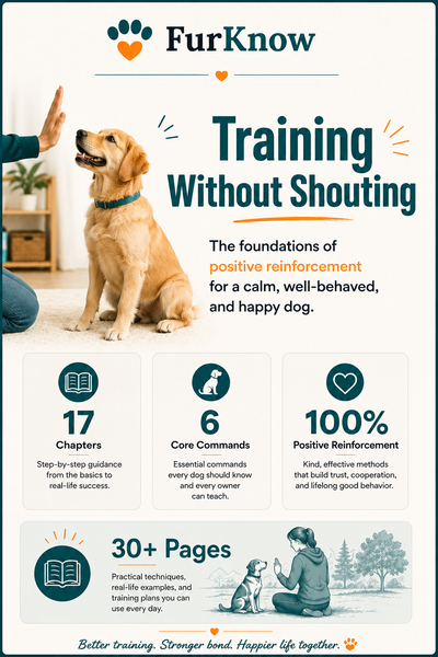 Training Without Shouting — FurKnow guide cover. Force-free dog training for a reliable recall.